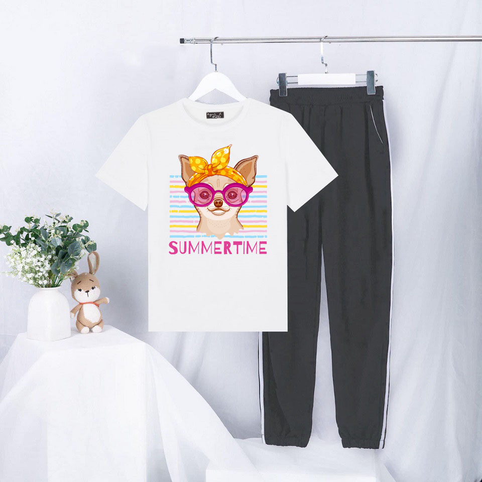 Sét Bộ Đồ Mùa Hè Ulzzang Nữ Xinh Cute Mặc Đi Chơi Dạo Phố, Chất Liệu Áo Cotton Organic Màu Trắng Ngắn Tay Cổ Tròn In 3D Summer Thime Cute Kèm Quần Thun Bo Chun Gấu Hai Rót Phong Cách