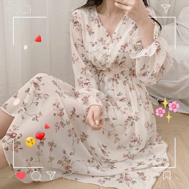 Váy hoa nhí cổ V chun eo - Đầm hoa vintage (hình thật mẫu chụp)