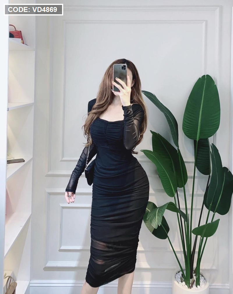 Đầm body vải lưới nhún tay dài