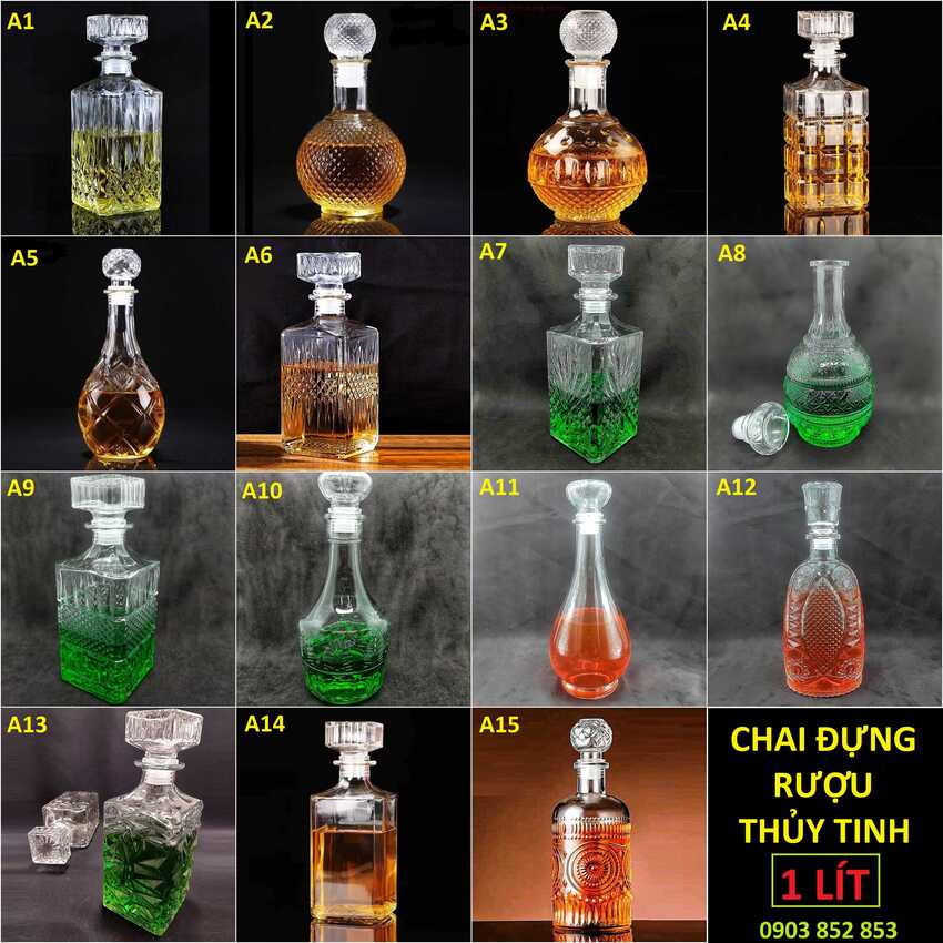 Chai Thủy Tinh Đựng Rượu 1 Lít – 15 mẫu lựa chọn – Vỏ Chai Rượu Đẹp 1000ML làm quà biếu – Bình Đựng Rượu Thủy Tinh – Chai Đựng Rượu Cao Cấp