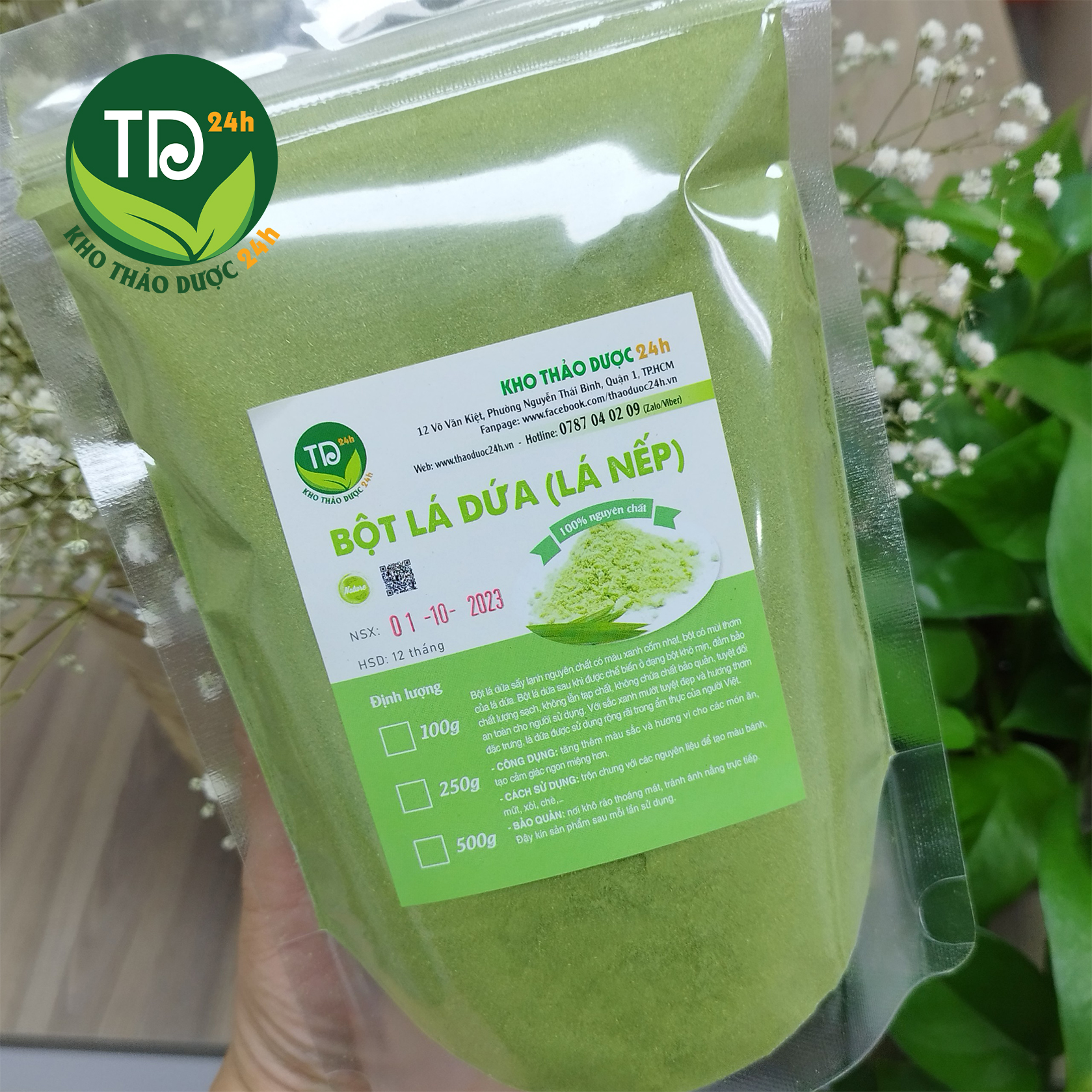 Bột lá dứa nguyên chất 100%, tạo màu xanh và mùi thơm tự nhiên cho các món xôi lá nếp, ngũ sắc, mứt dừa, thạch
