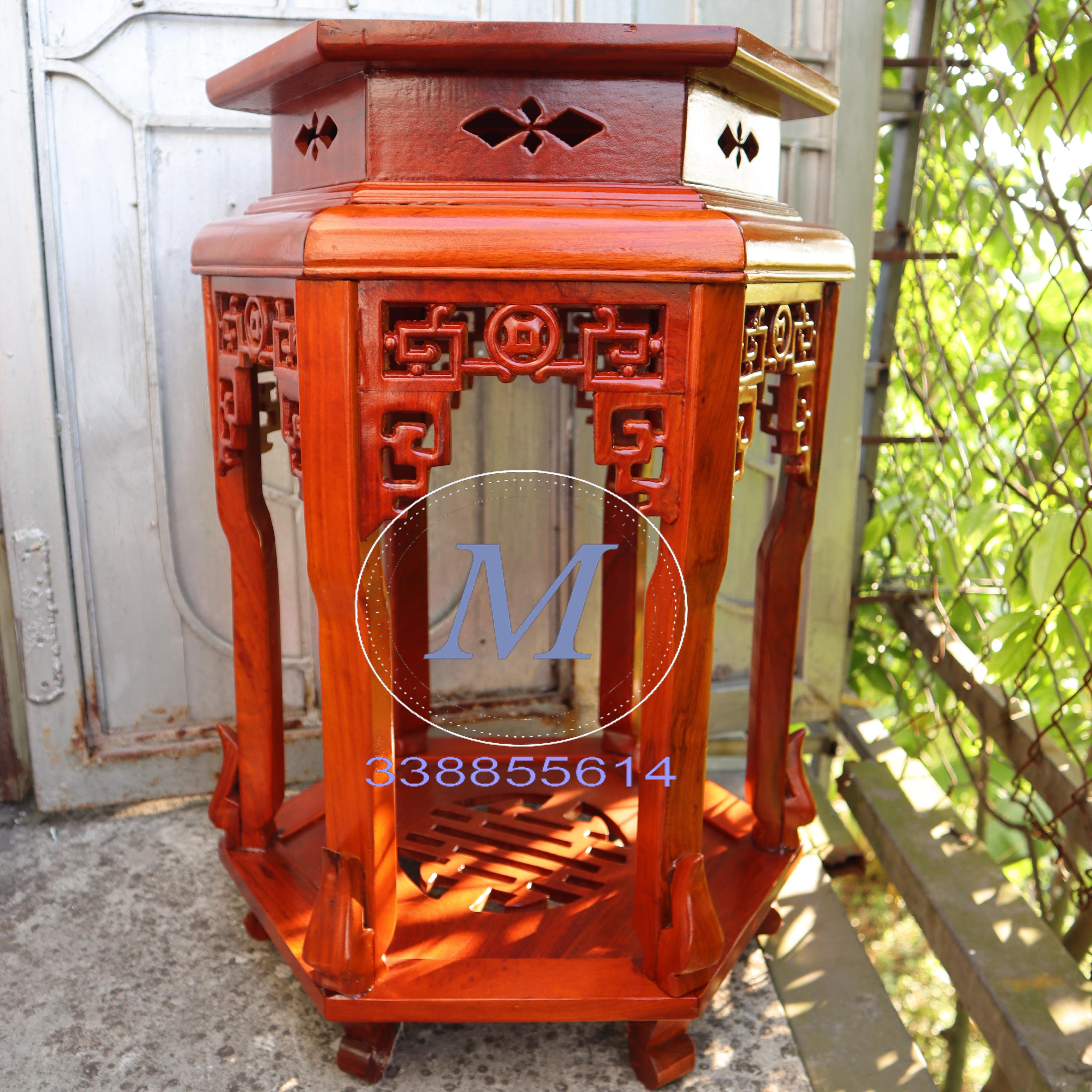 Đôn gỗ lục giác gỗ gụ đục chiện kê đồ nội thất phòng khách mặt 35cm