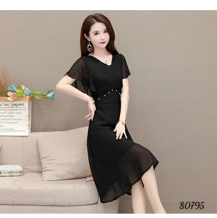 Đầm dự tiệc dáng xòe rớt vai đơn giản