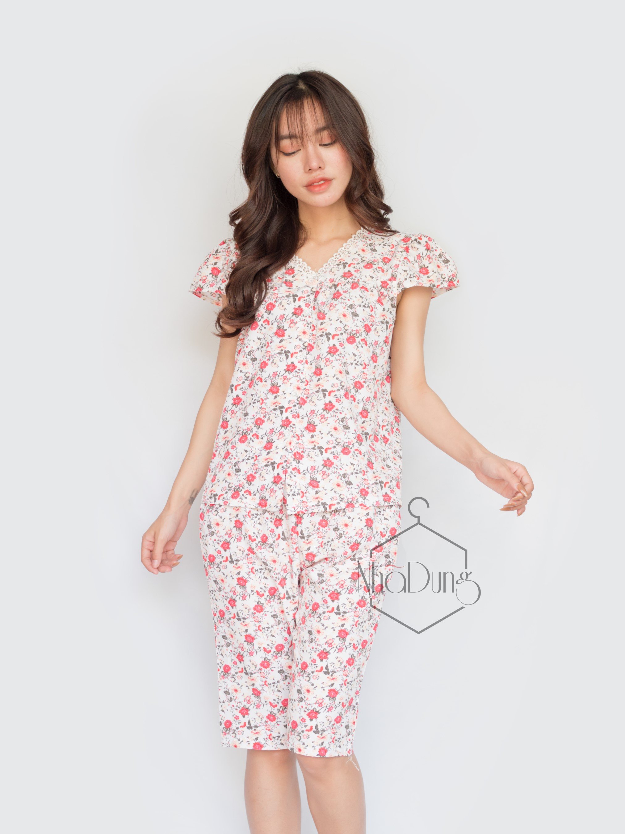 Đồ bộ mặc nhà đồ bộ lửng nữ lụa cao cấp in họa tiết hoa nhí cổ ren dễ thương Nhã Dung Store siêu mát đủ size dưới 65kg