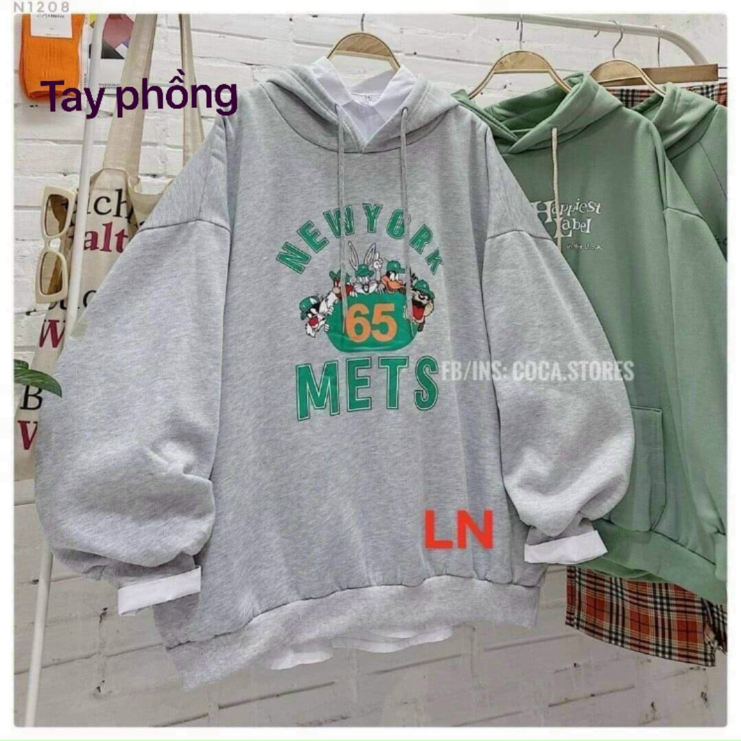 Áo hoodie tay phồng phối nón METS siêu dễ thương