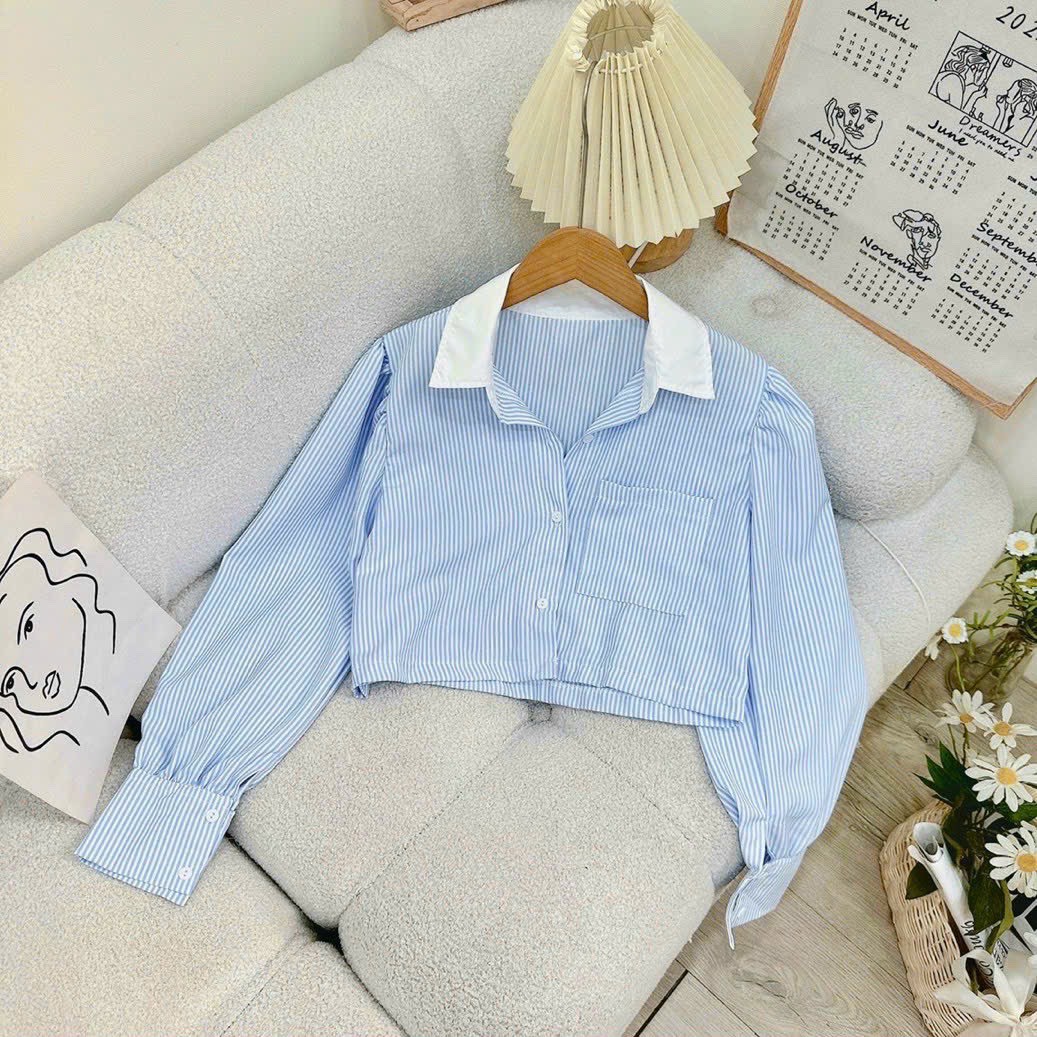 Áo sơ mi sọc dọc màu xanh phối cổ trụ viền trắng sm90