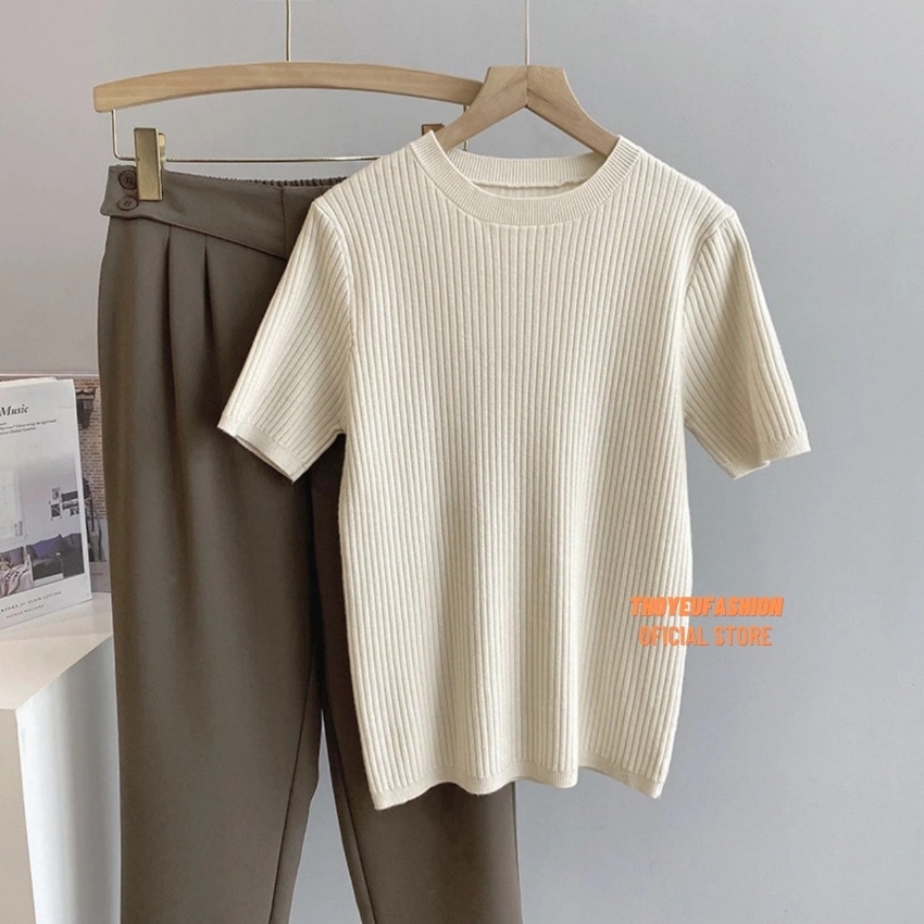 Áo Len Tăm Đũa Cộc Tay Cổ Tròn Basic