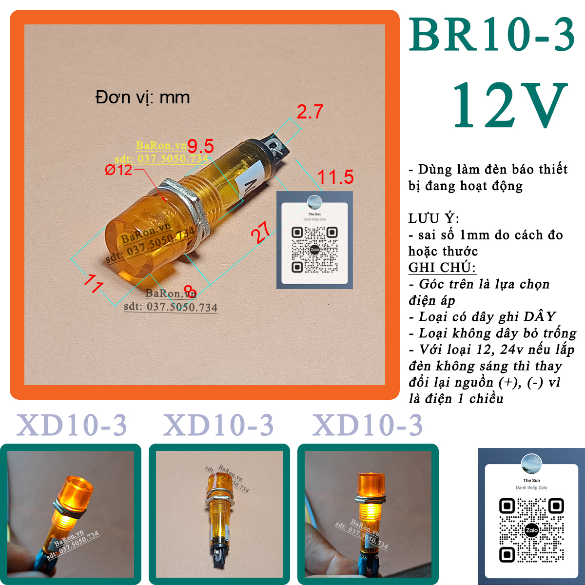 Đèn báo nguồn nhỏ XD10 phi 10mm 12v 24v 220v