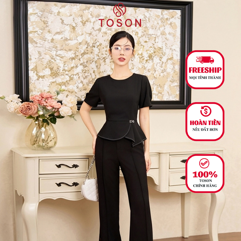 Áo carolan đen, dáng peplump, xếp ly trần chỉ 14938B63 Toson