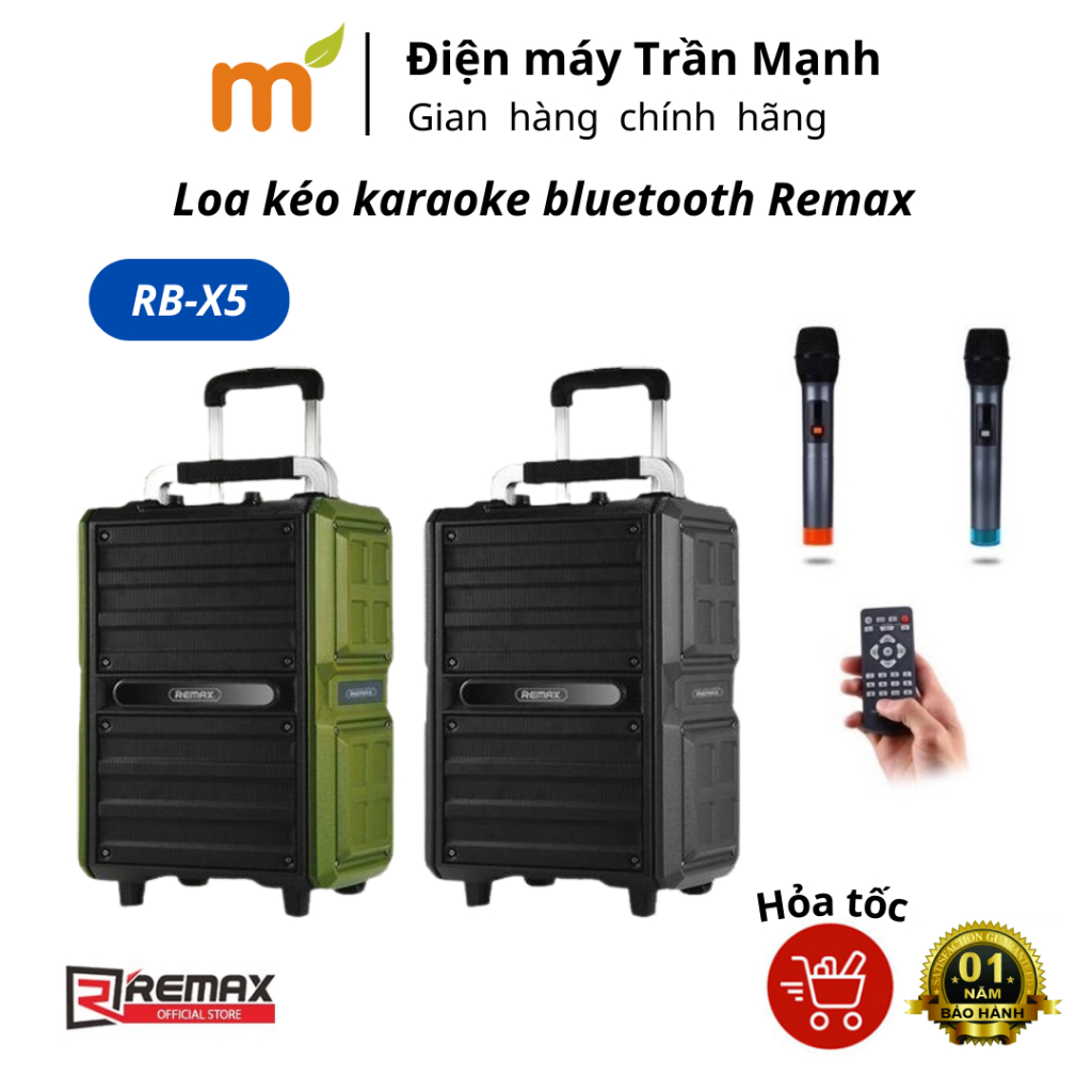 Loa kéo Bluetooth ngoài trời công suất lớn Remax RB-X5 kèm 2 míc micro karaoke(loa chỉ có màu đen)