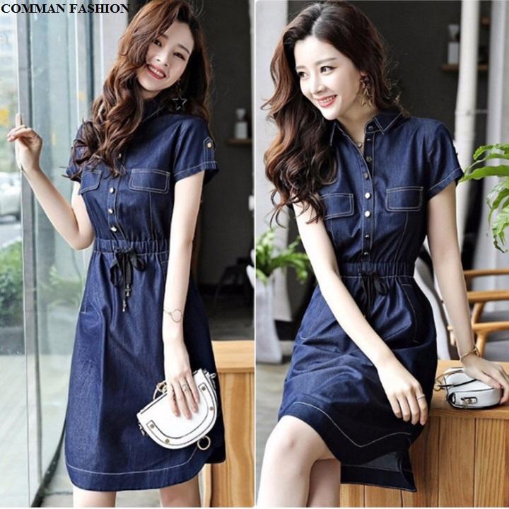 [HCM]CAO CẤP Đầm Jean Nữ Cổ Bẻ Lai Bầu 3979
