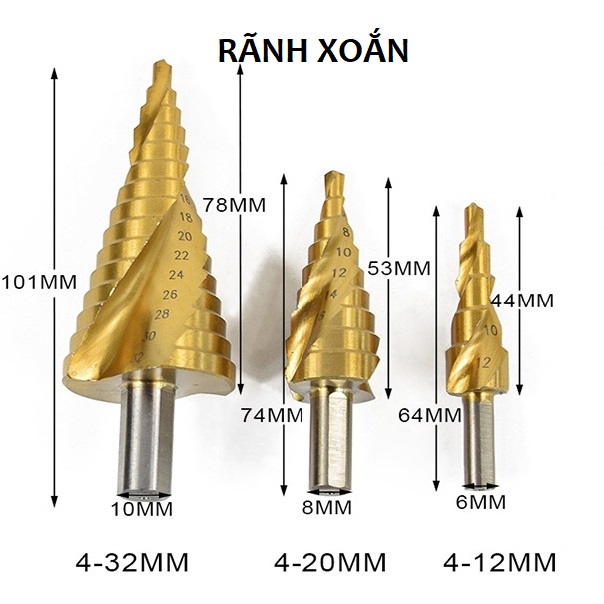 Bộ 3 mũi khoan tháp tầng rãnh thẳng, xoắn phủ titan siêu cứng hss đường kính 4-32mm