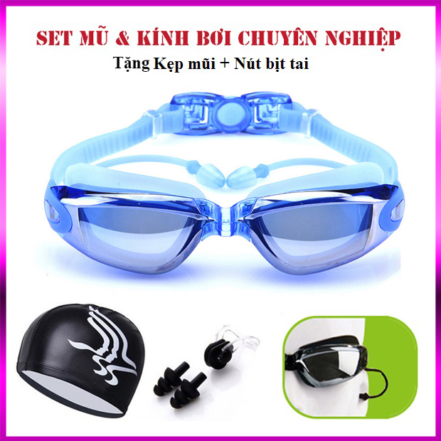 Sét mũ kèm kính bơi, Combo kính bơi mũ bơi, Kính bơi UV kèm Mũ bơi và 2 nút bịt tai, Thiết Kế Mới Thông Minh, Kiểu Dáng Hiện Đại, Thoải Mái Bơi Lội, Giá Rẻ Bất Ngờ