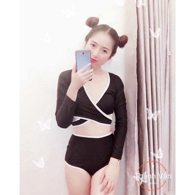 [HCM]Đồ bơi bikini cặp thun lạnh đen viền trắng