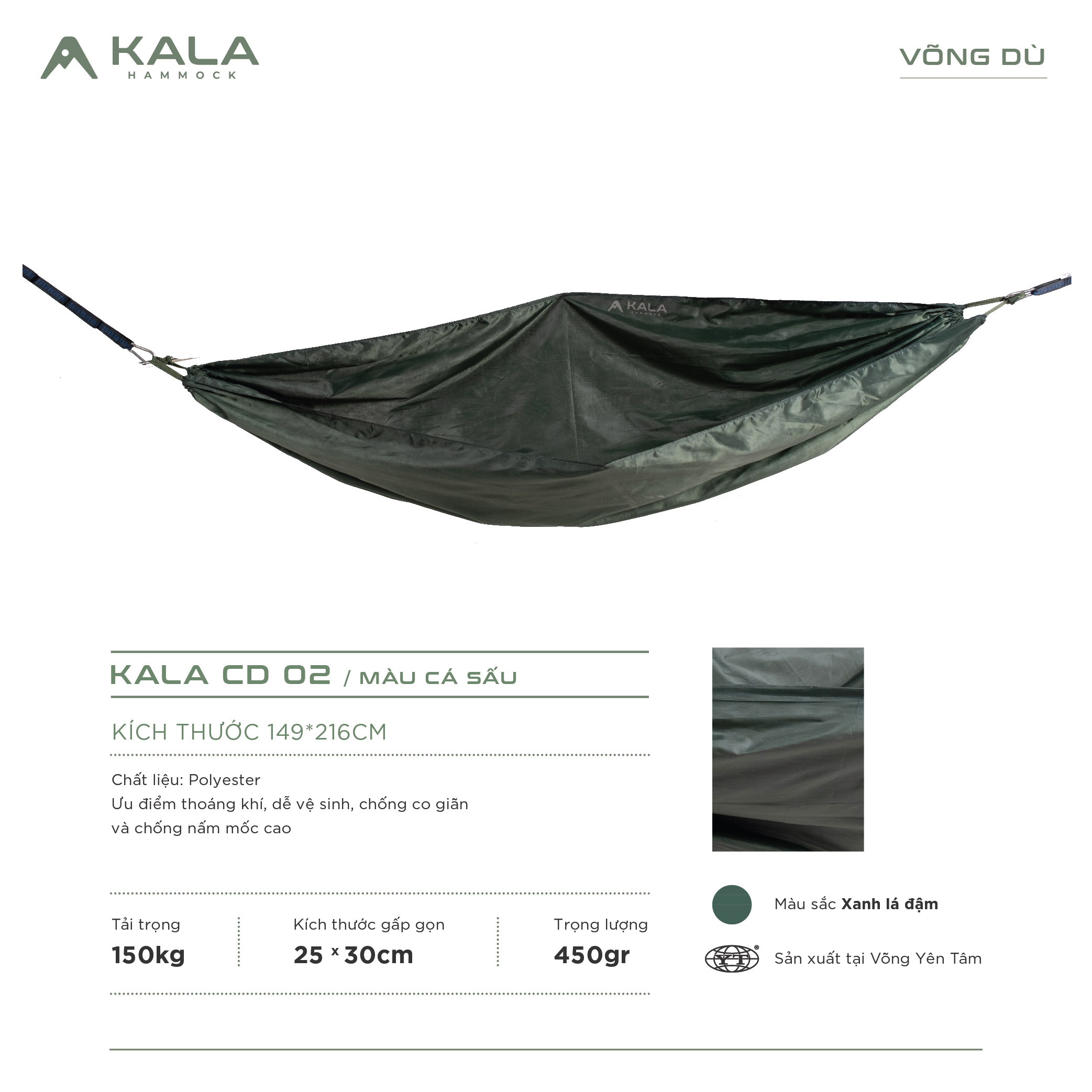 Võng dù polyester trơn 2 LỚP tặng 5m dây