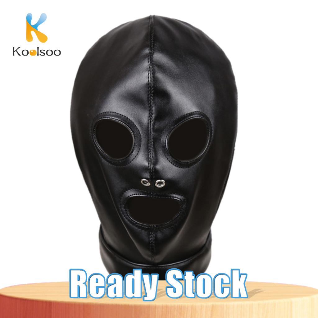 koolsoo Faux Leather Hood Mask Lace Up Full Head Face Cover Couple Restraint Toys