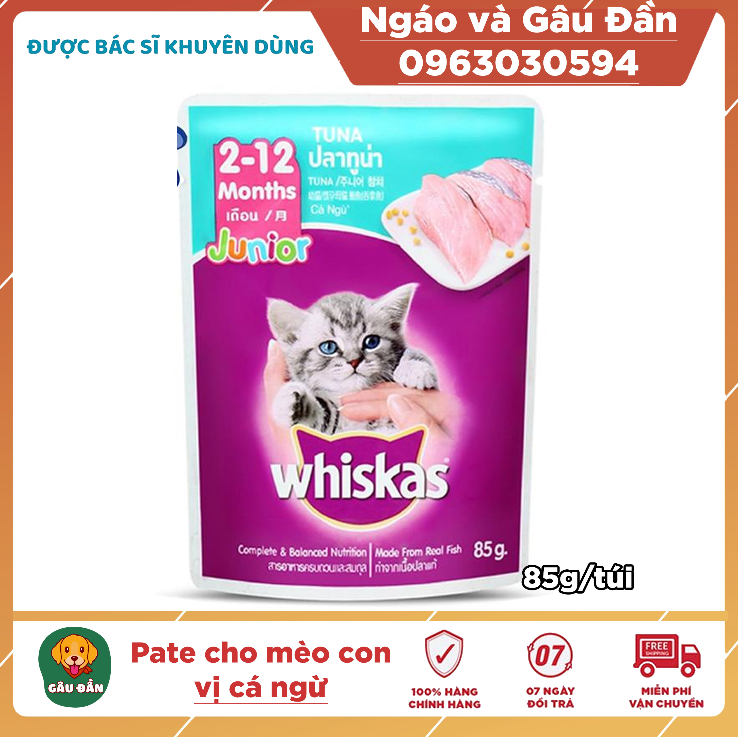 1 gói Thức ăn Pate Whiskas Junior cho mèo con 2-12 tháng  85gr Vị Cá ngừ