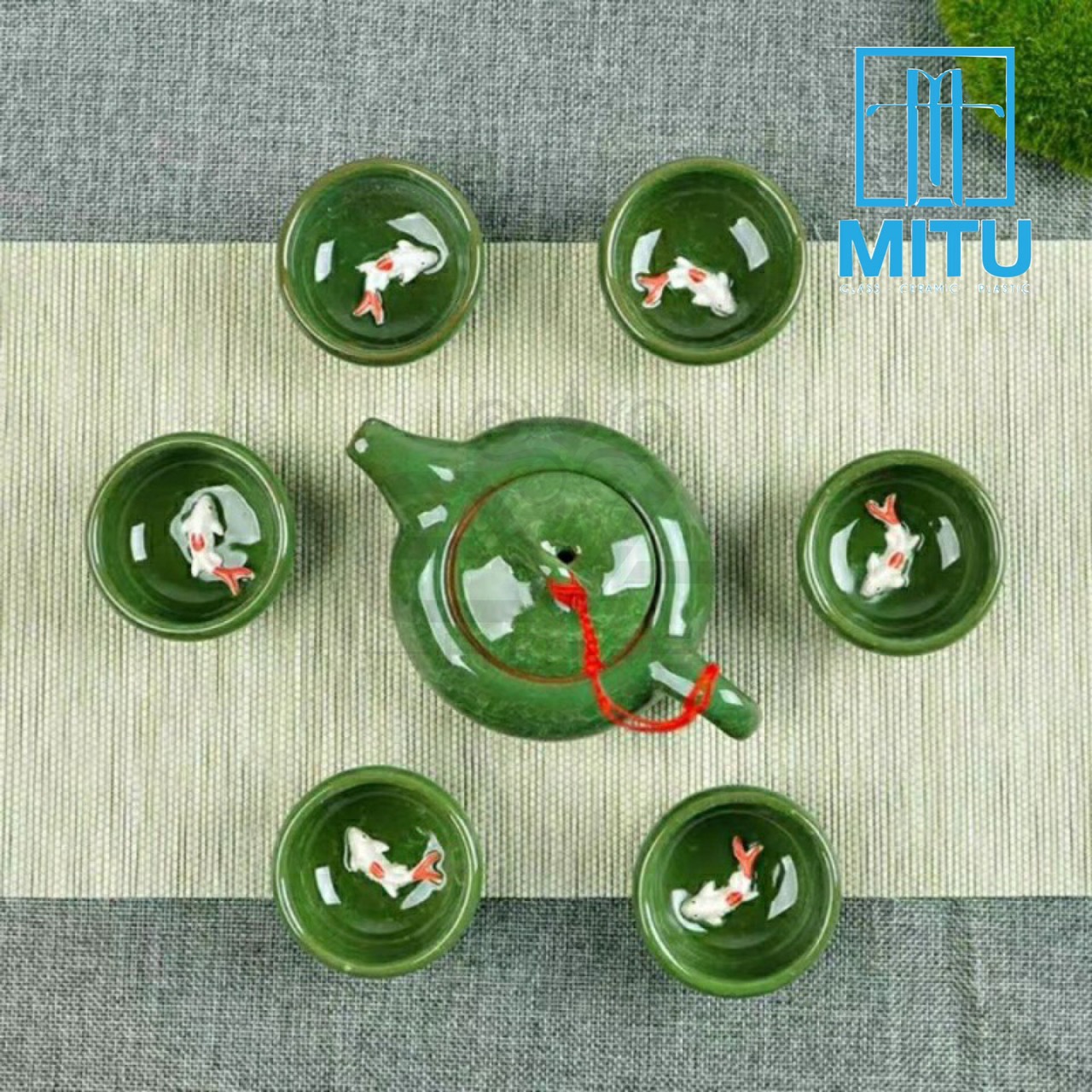 Bộ Ấm 6 Chén Trà Men Ngọc Bích Cá 3D Sang Trọng