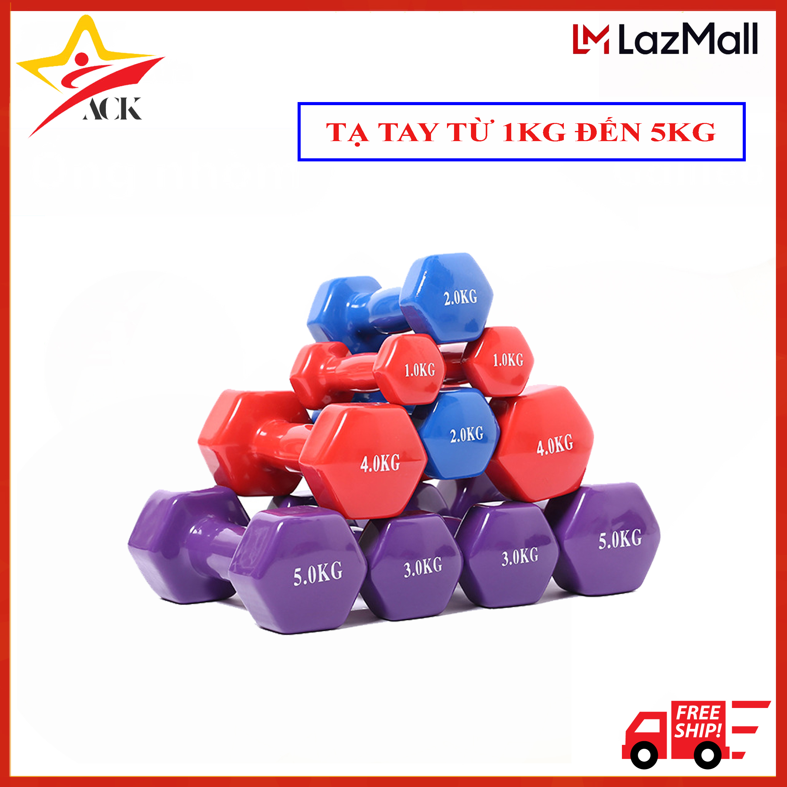 Tạ tay từ 1kg đến 5kg lõi gang đặc bọc cao su tập gym yoga chống trơn trượt
