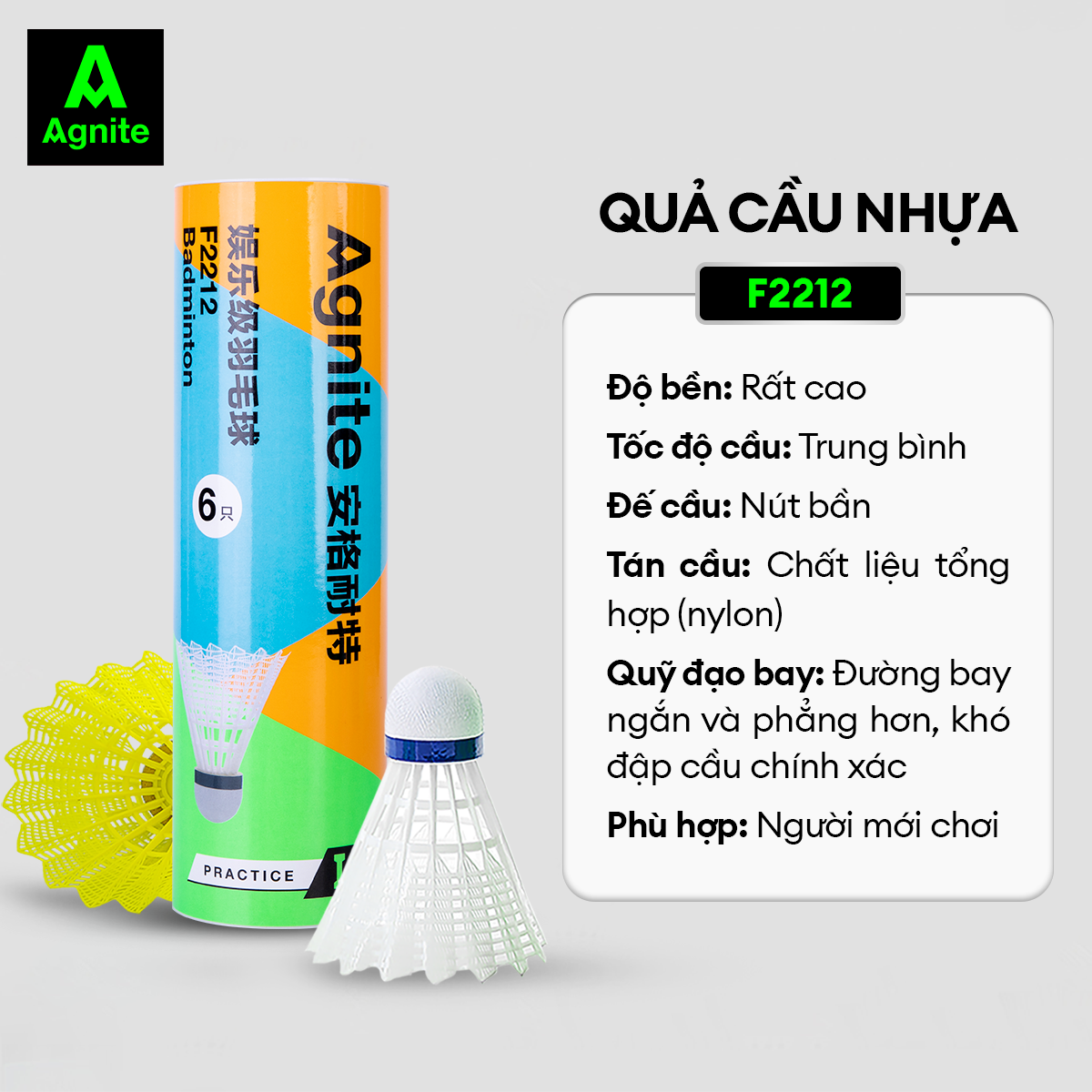 [MUA 2 GIẢM 15%] Cầu lông nhựa, trái cầu lông Agnite chính hãng- Hộp 6 quả - Siêu bền nhẹ - Đường cầu bay ổn định - Cảm giác đánh thật - mã F2212