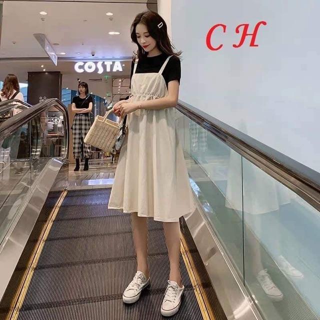 [HCM]Combo Yếm Váy Trơn 2 Dây Chun Eo Và Áo Thun Đen Ulzzang