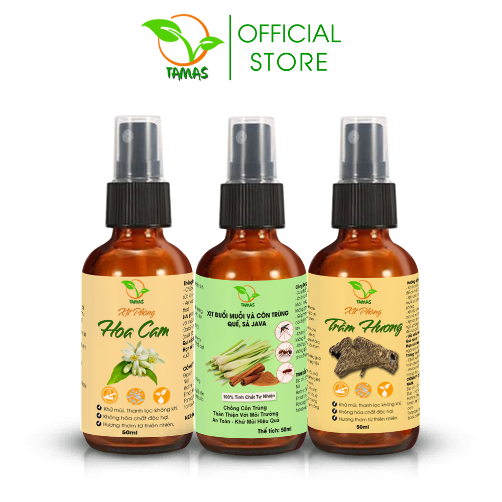 COMBO 3 chai xịt thơm phòng thư giãn, đuổi côn trùng( Trầm Hương 50ml + Hoa Cam 50ml+ Xịt Muỗi 50ml)