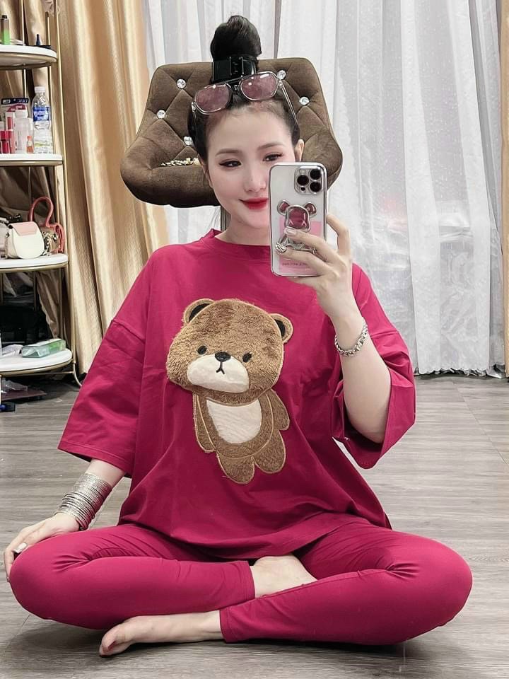 Đồ bộ thun lửng thêu gấu lớn thời trang chất thun co giãn 4 chiều ,sét bộ đồ nữ .sét bộ cotton tici cao cấp hàng mới về hot 2022