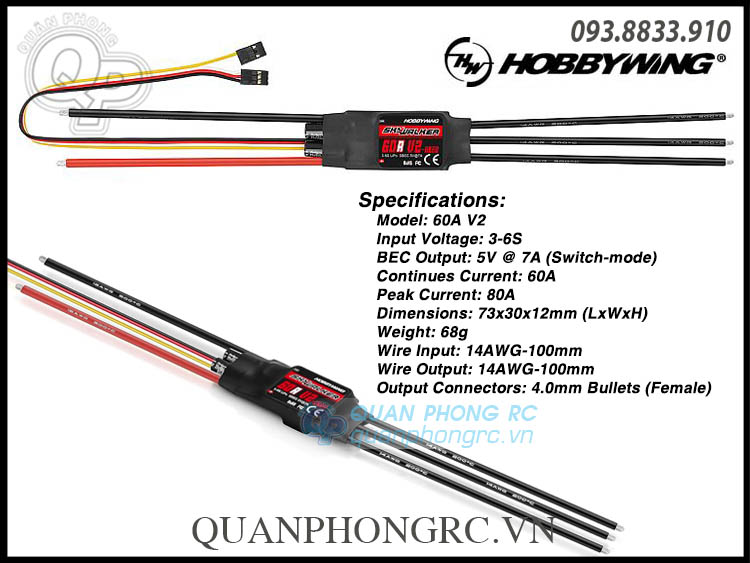 Điều tốc Hobbywing Skywalker 60A V2 UBEC Brushless ESC (3-6S) 30216101