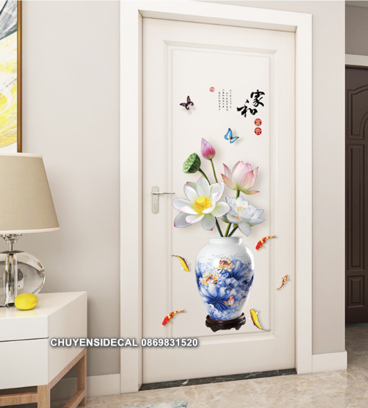 [HCM]Decal trang trí tường - Chậu Hoa Sen Trắng 3D cao cấp