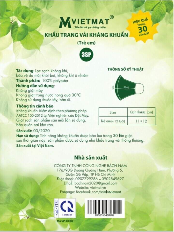 Combo 3 khẩu trang vải kháng khuẩn - Size người lớn