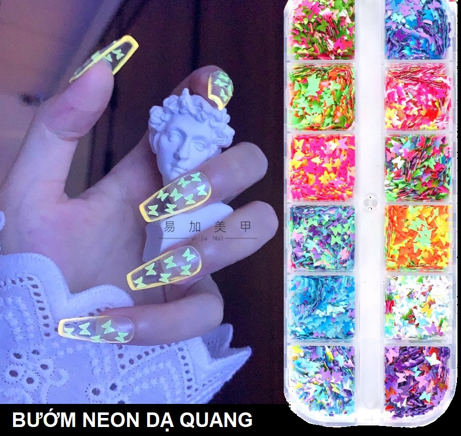 Khay bướm neon dạ quang trang trí móng