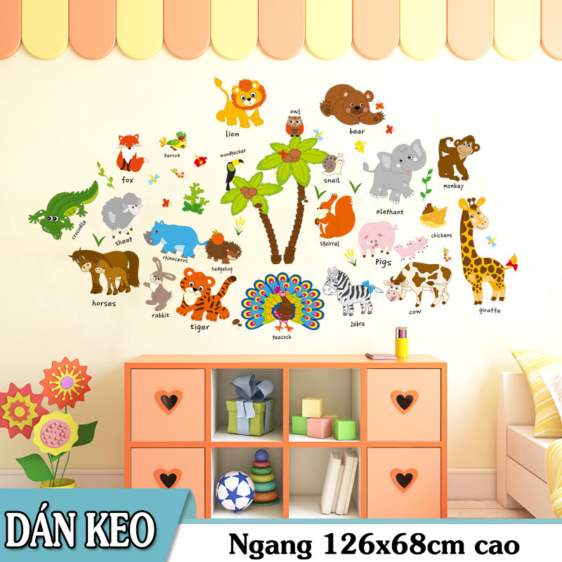 Decal dán tường trang trí - thú tiếng anh hoạt hình mới