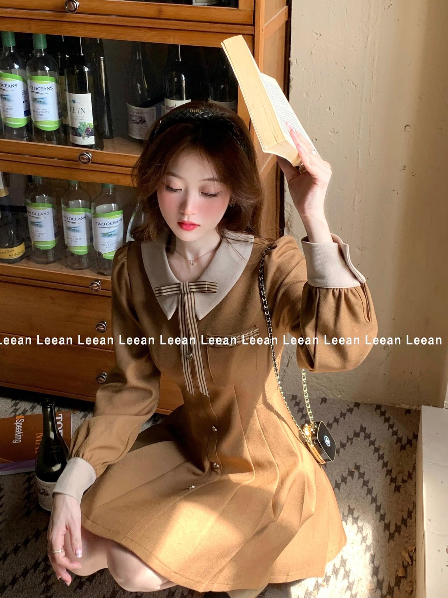 Đầm nữ thư sinh dài tay cổ sen bèo nhọn kết nơ dễ thương, Đầm thiết kế dài tay cổ nơ bèo váy xòe đi chơi dự tiệc sang trọng, Đầm nữ màu cà phê cổ sen bèo nơ phong cách