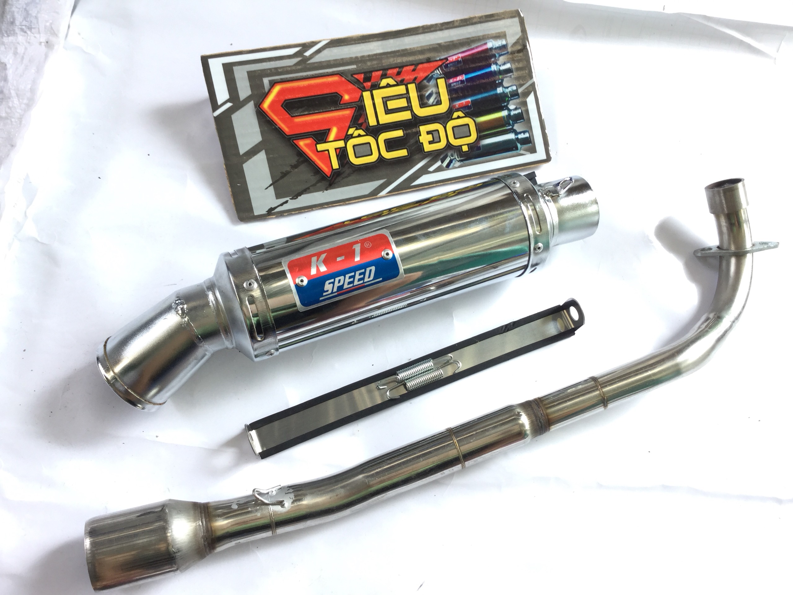 Pô k1 trắng full pass treo lò xo bao gồm cả cổ pô độ cho xe sirius, jupiter, taurus,...