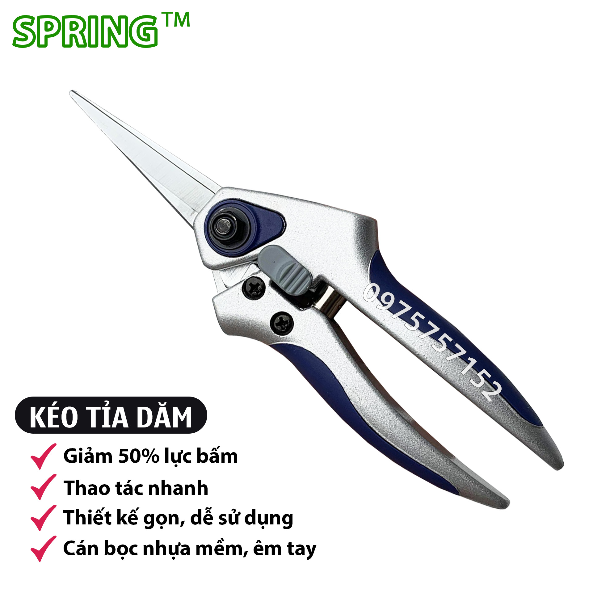 Kéo cắt cành nhỏ, kéo tỉa dăm trợ lực SPRING 210mm, lưỡi thép Đức cao cấp siêu sắc, thiết kế tối ưu tiết kiệm 50% lực bấm, tay cầm nhôm đúc nguyên khối siêu bền, kéo tỉa cành, kéo cắt chi dăm, kéo cắt tỉa bonsai, kéo tỉa cây
