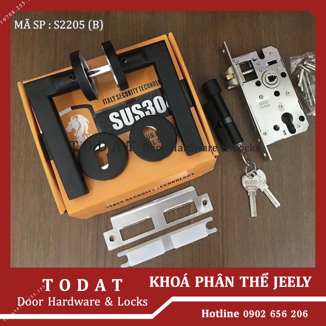 Khoá tay gạt phân thể JEELY S2205 dùng cho cửa thông phòng nhôm, sắt, gỗ đố lớn 4x8