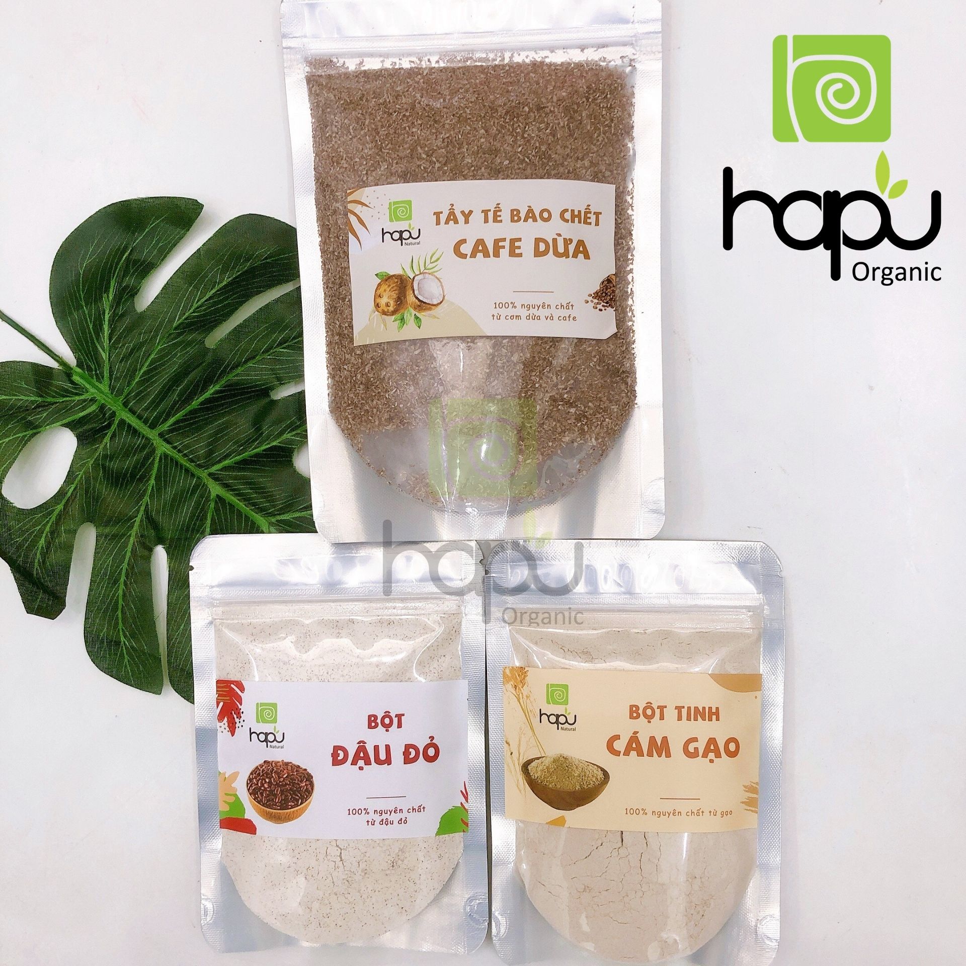 [HCM]Combo Trắng da Bột đậu đỏ Bột cám gạo Bột cà phê dừa HaPu Organic