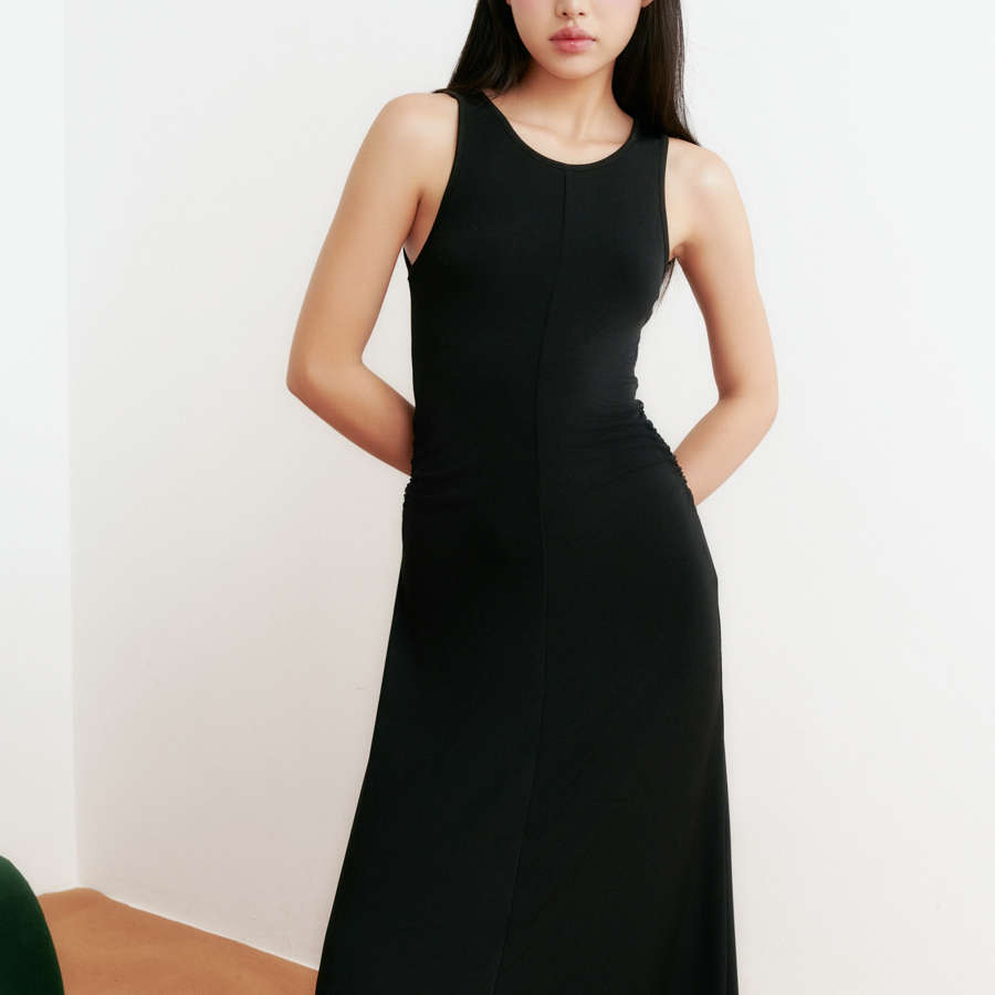 DOTTIE - Đầm midi sát nách nhún eo - Đen - D0553