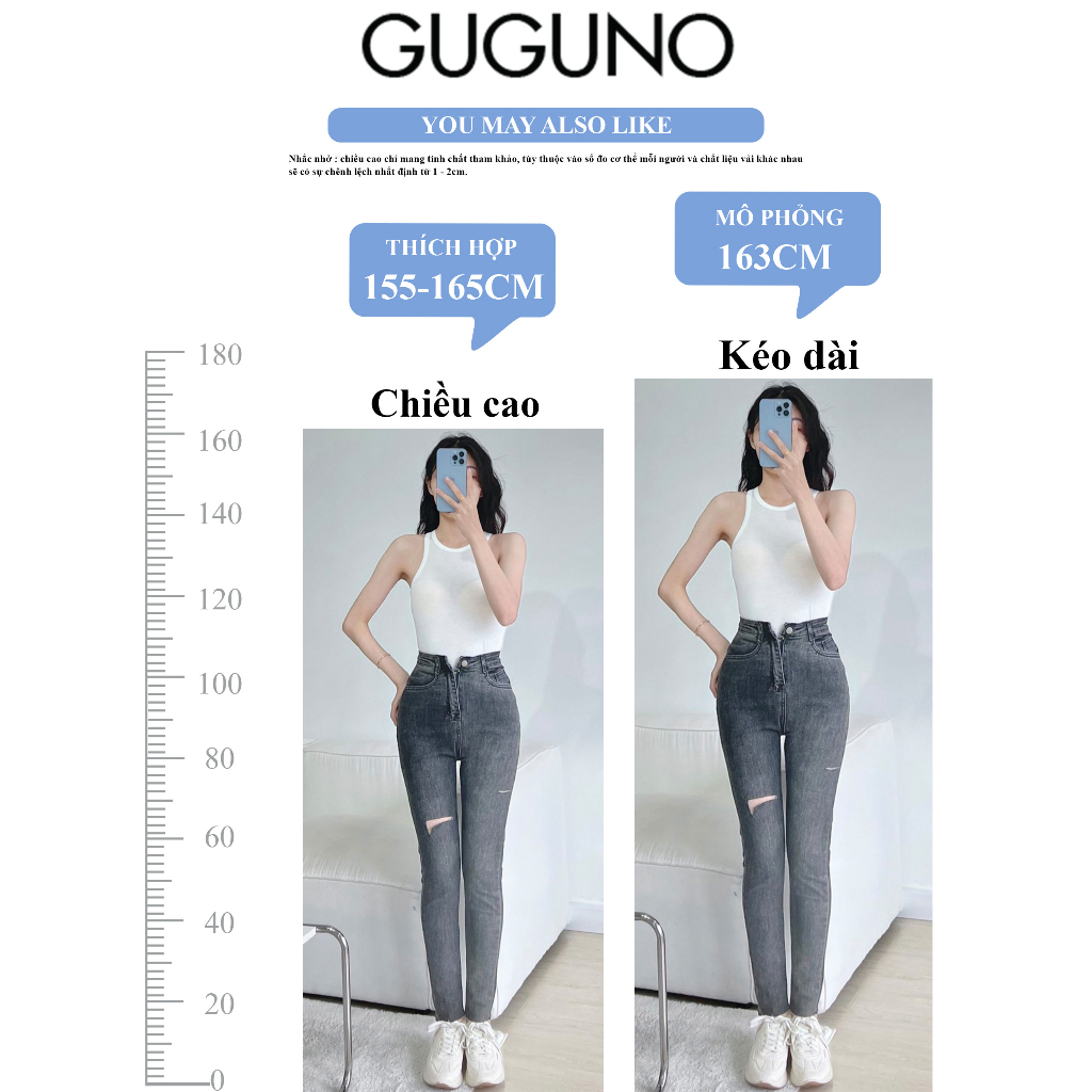 Quần jeans nữ skinny dáng ôm lưng siêu cao trơn basic GUGUNO
