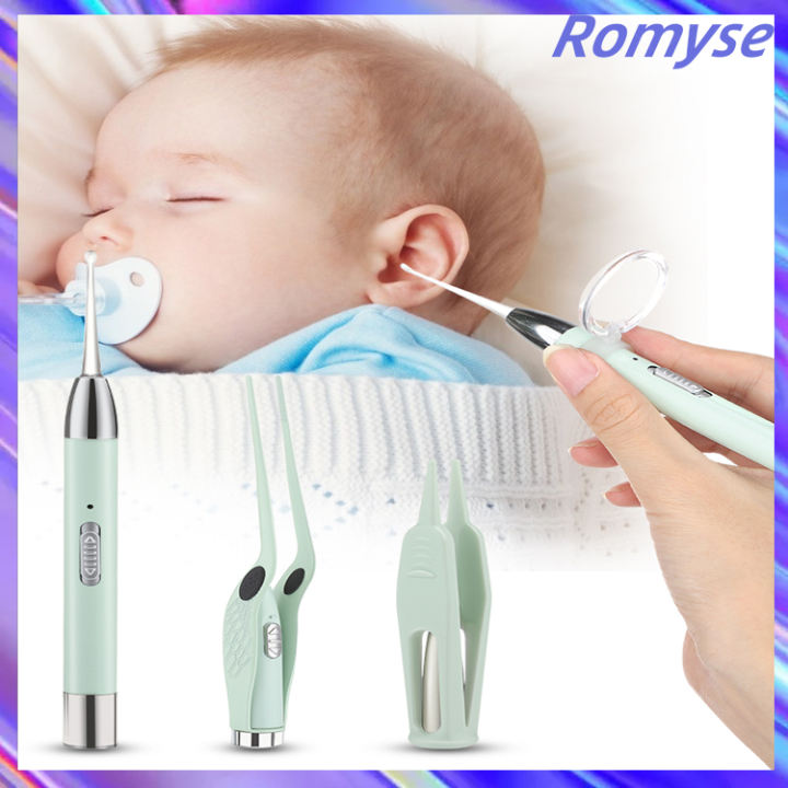 Romyse 3 cái Bộ bấm ngoáy tai phát sáng Có đèn LED phát sáng Muỗng ngoáy tai Nhíp ngoáy tai phát sáng Kẹp mũi có thể sạc lại Dụng cụ lấy ráy tai có thể sạc lại Hộp đựng đồ làm sạch tai Trẻ em Bộ chăm sóc vệ sinh tai cho bé