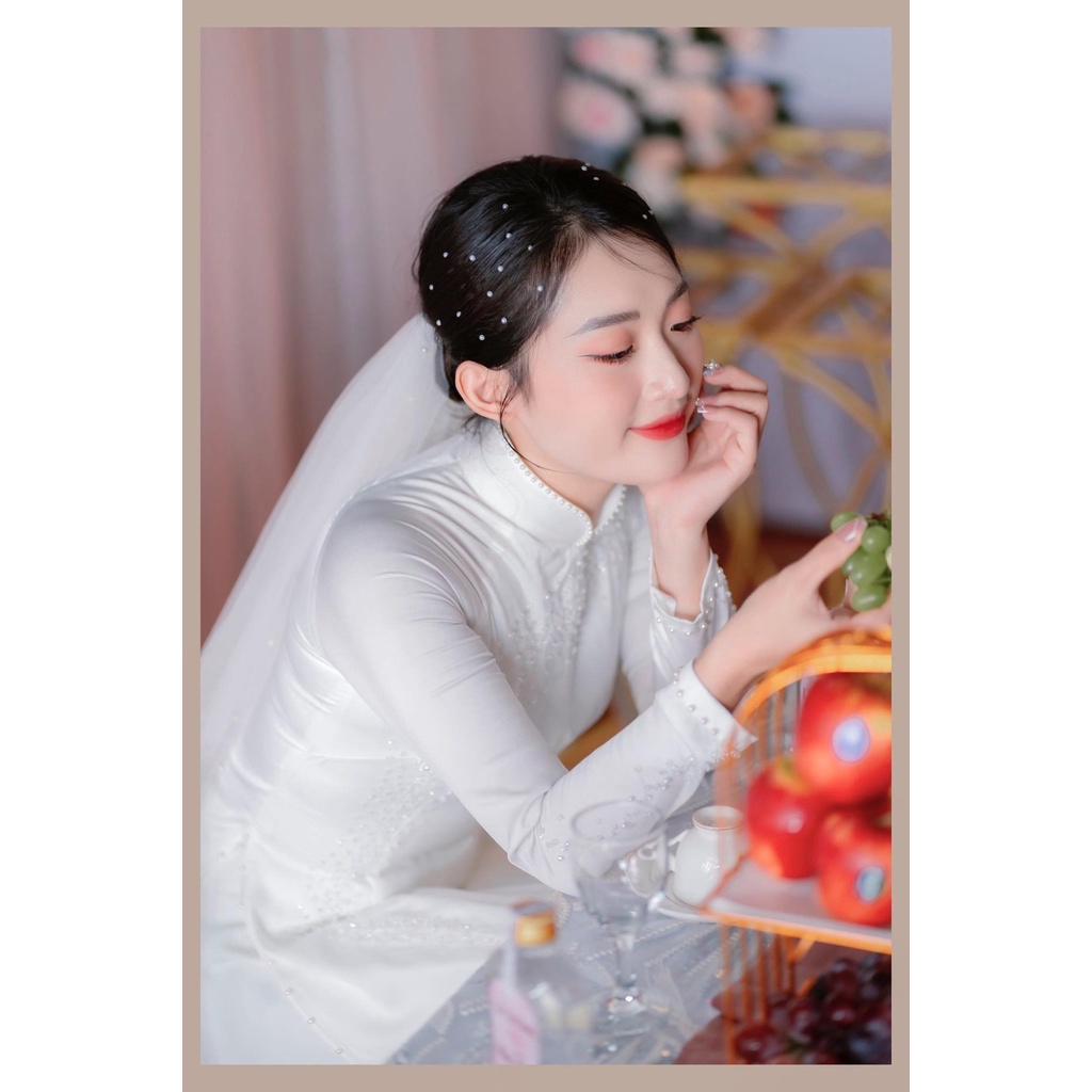 Áo dài cưới trắng 4 tà [CAMHOUSE] chất liệu lụa tủa phale 1 bên sườn