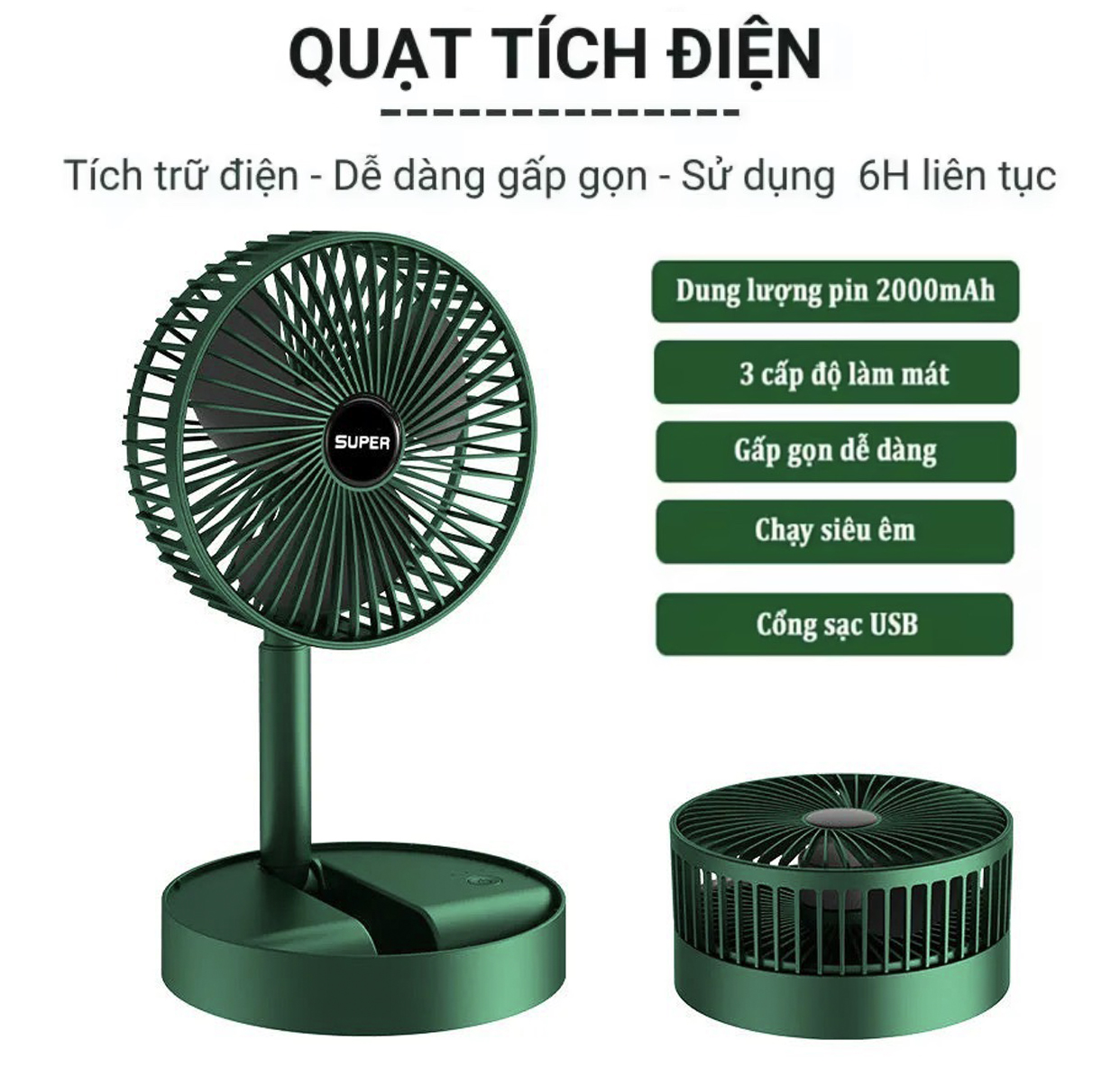 Quạt tích điện gấp gọn - quạt mini fan để bàn xoay 180 độ, 3 tốc độ gió siêu mát