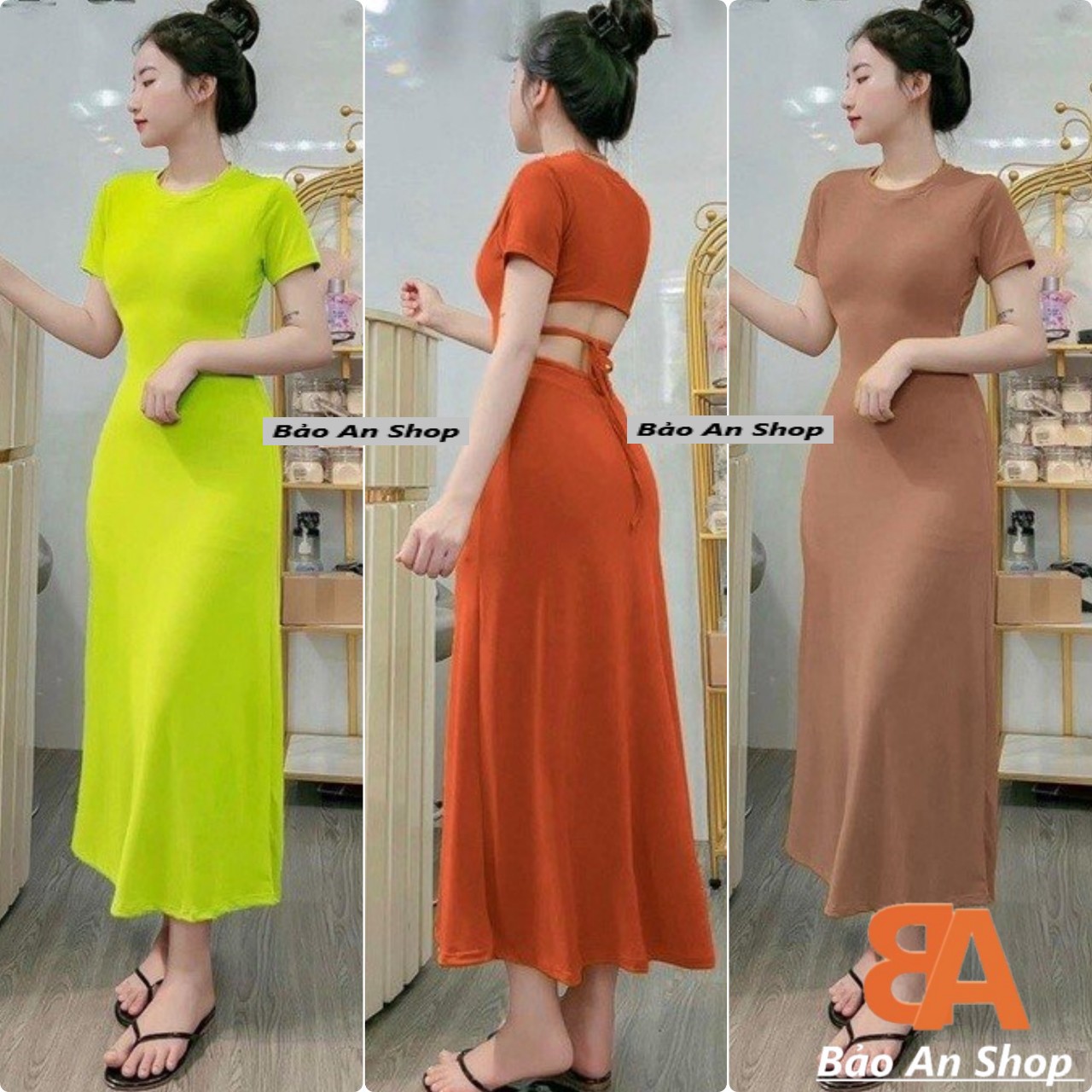 Đầm from xoè chất len gân tay ngắn hở lưng