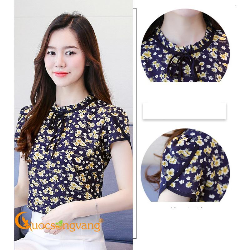 Áo sơ mi nữ ngắn tay áo thun vải voan pha bông in hoa GLA164 xanh đen