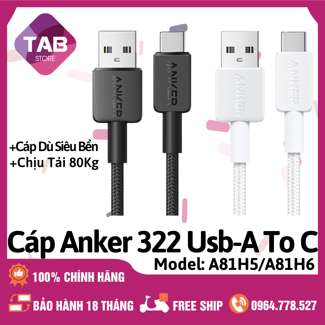 Cáp anker 322 usb-a to c 0.9m 1.8m chính hãng - a81h5 a81h6