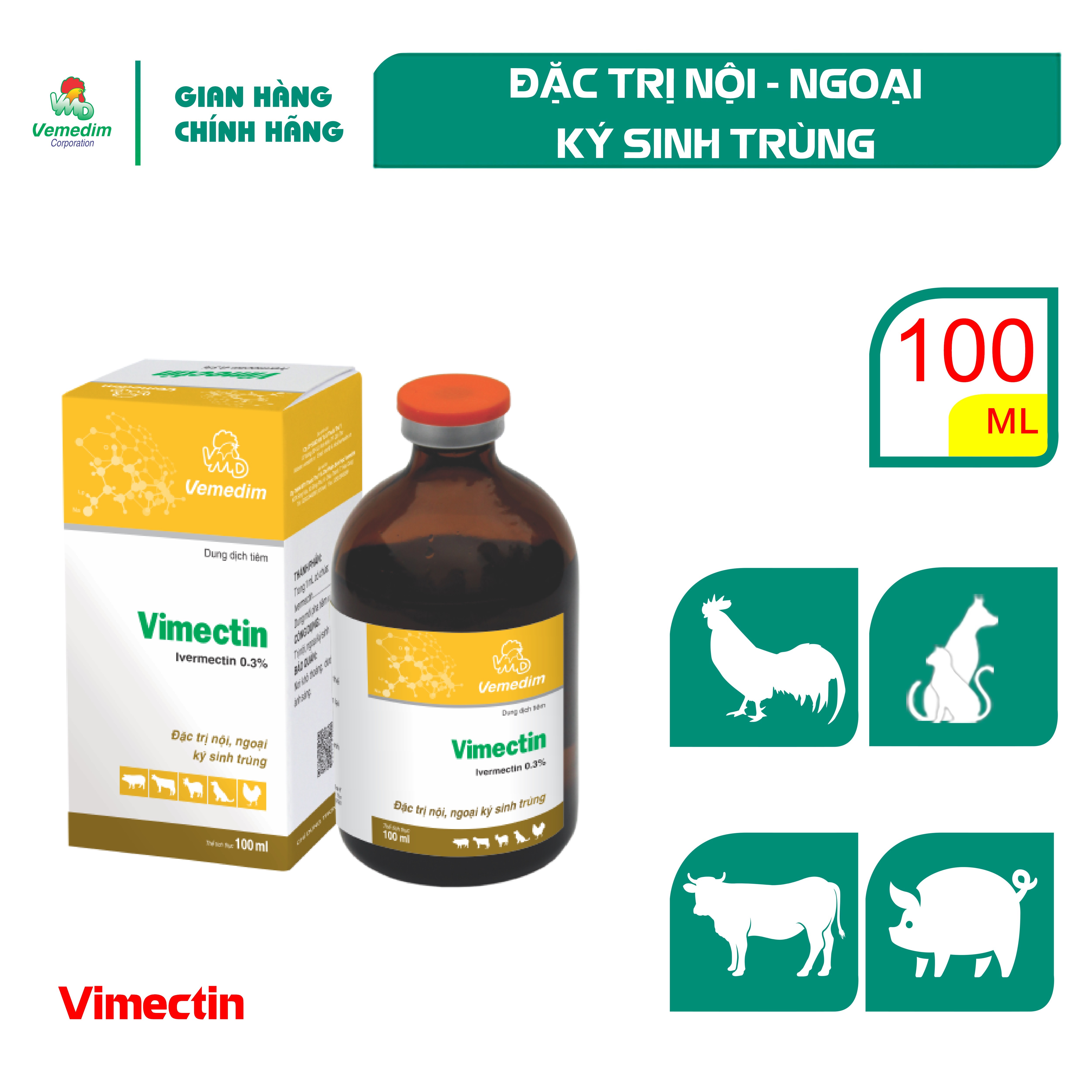 "Hoàn tiền đến 10%" Vemedim Vimectin 0.3% Thuốc tiêm trị ghẻ, giun cho gia súc, gia cầm, chó mèo, chai 100ml