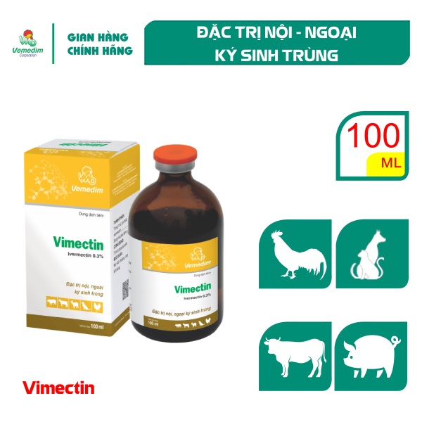 Vemedim Vimectin 0.3% Thuốc tiêm trị ghẻ, giun cho gia súc, gia cầm, chó mèo, chai 100ml