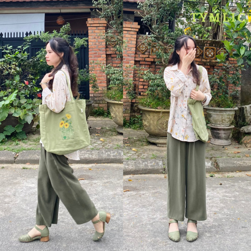 Quần Cullotes Tencel 1/2 Cạp Chun Màu Rêu TYMLIC
