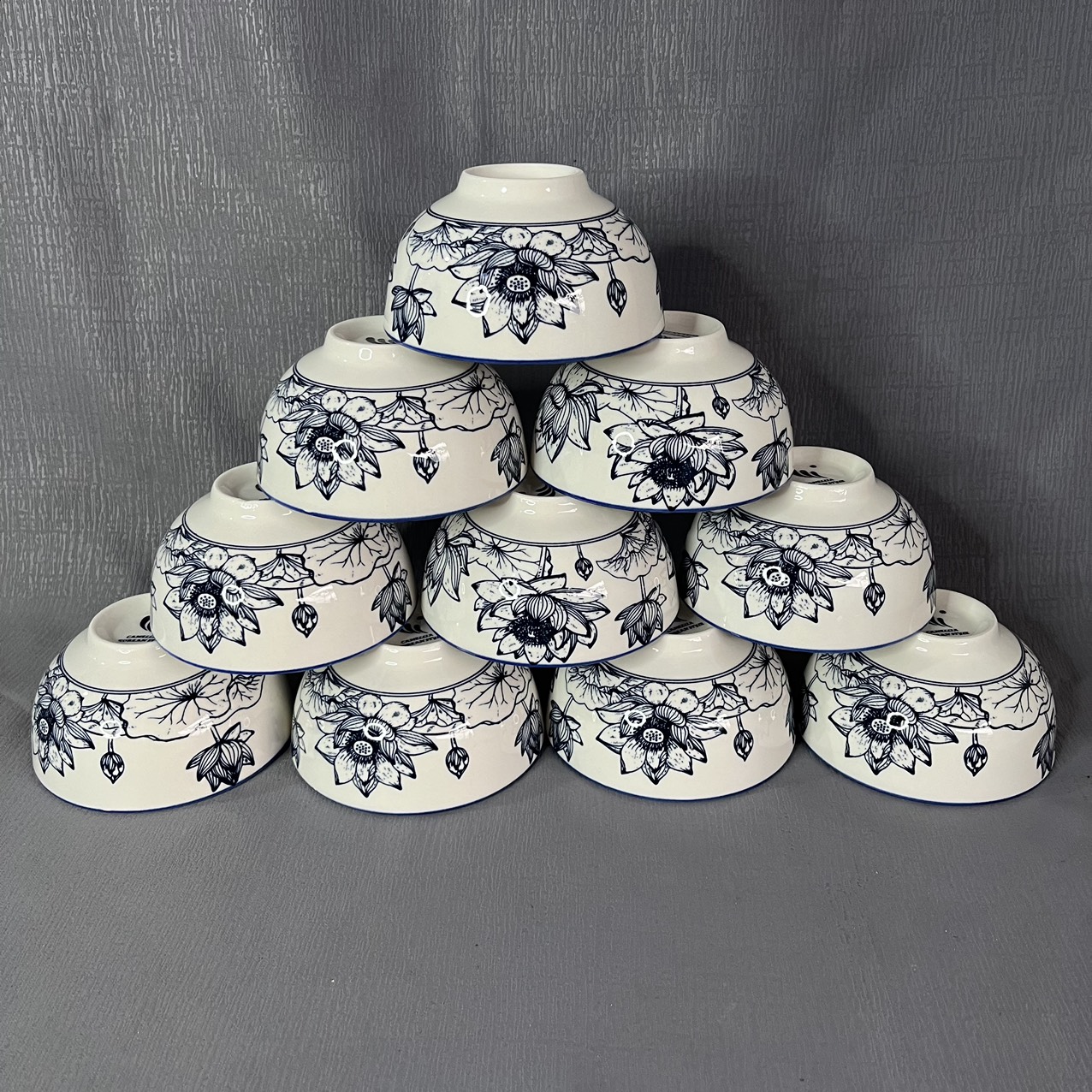 Bộ 10 Chén gốm sứ ăn cơm hoa văn 4D các loại hoa viền miệng chén (8 loại viền miệng, 1 loại ko viền)