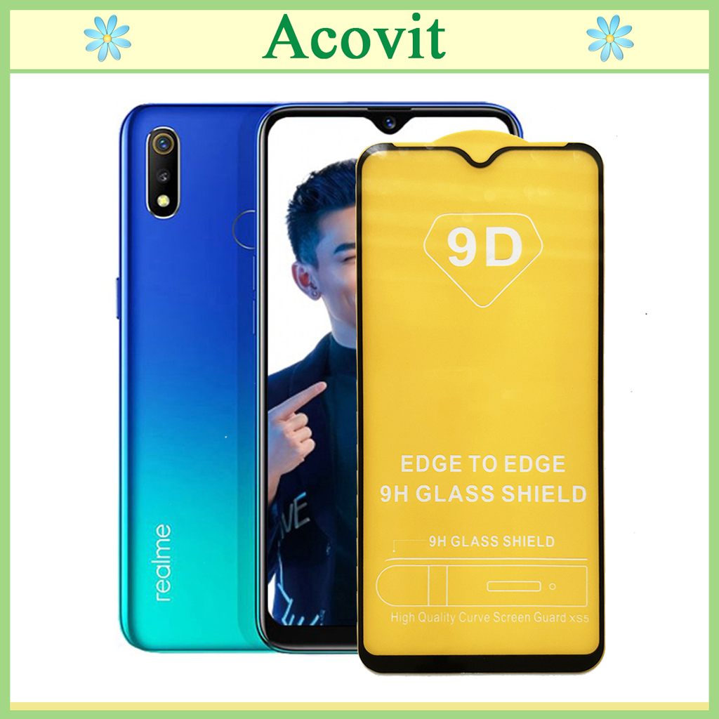 "Kính cường lực 9D Realme 3 " _ FULL Màn Hình _ Độ Cứng 9H _ Anh thật Sản Phẩm _ ( Tặng kèm bộ giấy lau Màn hình) Acovit"